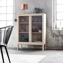 Stolab Prio cabinet high, Birch white oiled. glass door Beige Discount
