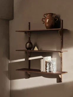Ferm Living Sector shelf triple wide, Smoked Oak, brass Brown Hot